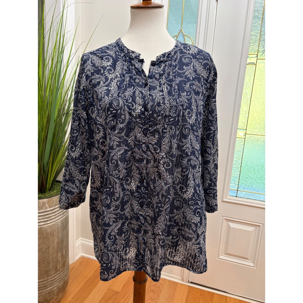 Foxcroft Navy Blue White Paisley Cotton Button Down Tunic Top Size 12